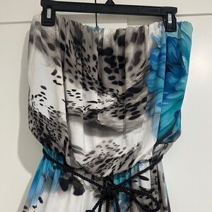 Strapless Pantsuit with Blue Floral and Black Pattern and Waist Tie